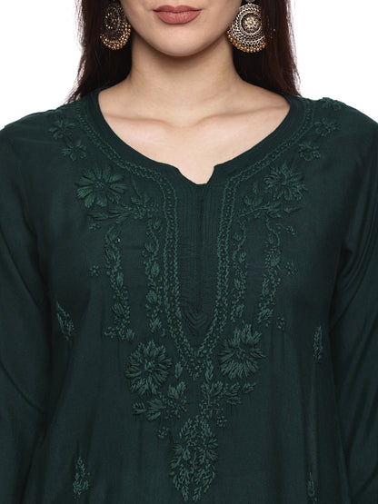 Rayon Chikankari Long Kurta in Dark Green with Same Tone Embroidery