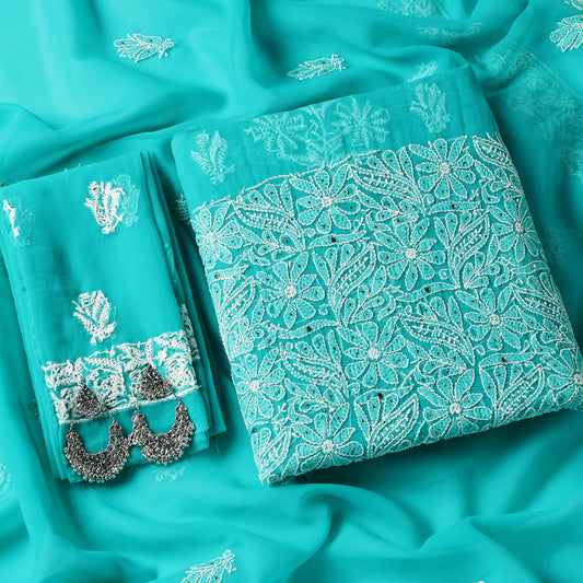 Georgette Kurta, Bottom and Dupatta material in green with white Jaal and Mukaish Work