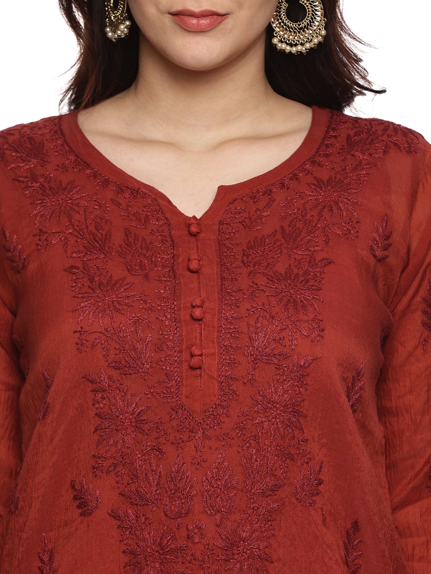 Mal Chanderi Chikankari Long Kurta in Brown with same tone Embroidery (inner included)