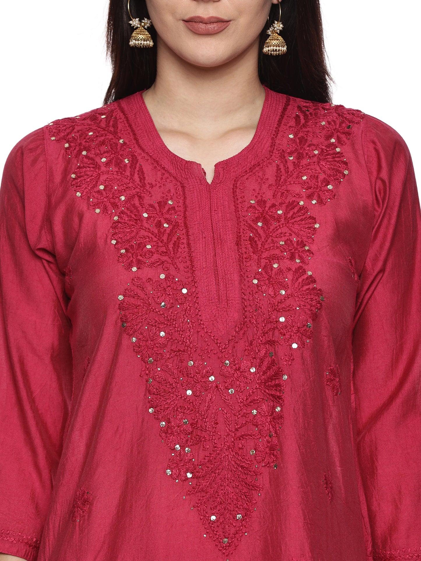 Chanderi Chikankari Long Kurti in Rani Pink with Mukaish Work