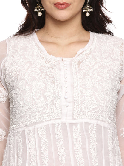 Georgette Chikankari Kurta in White with Same Tone Embroidery