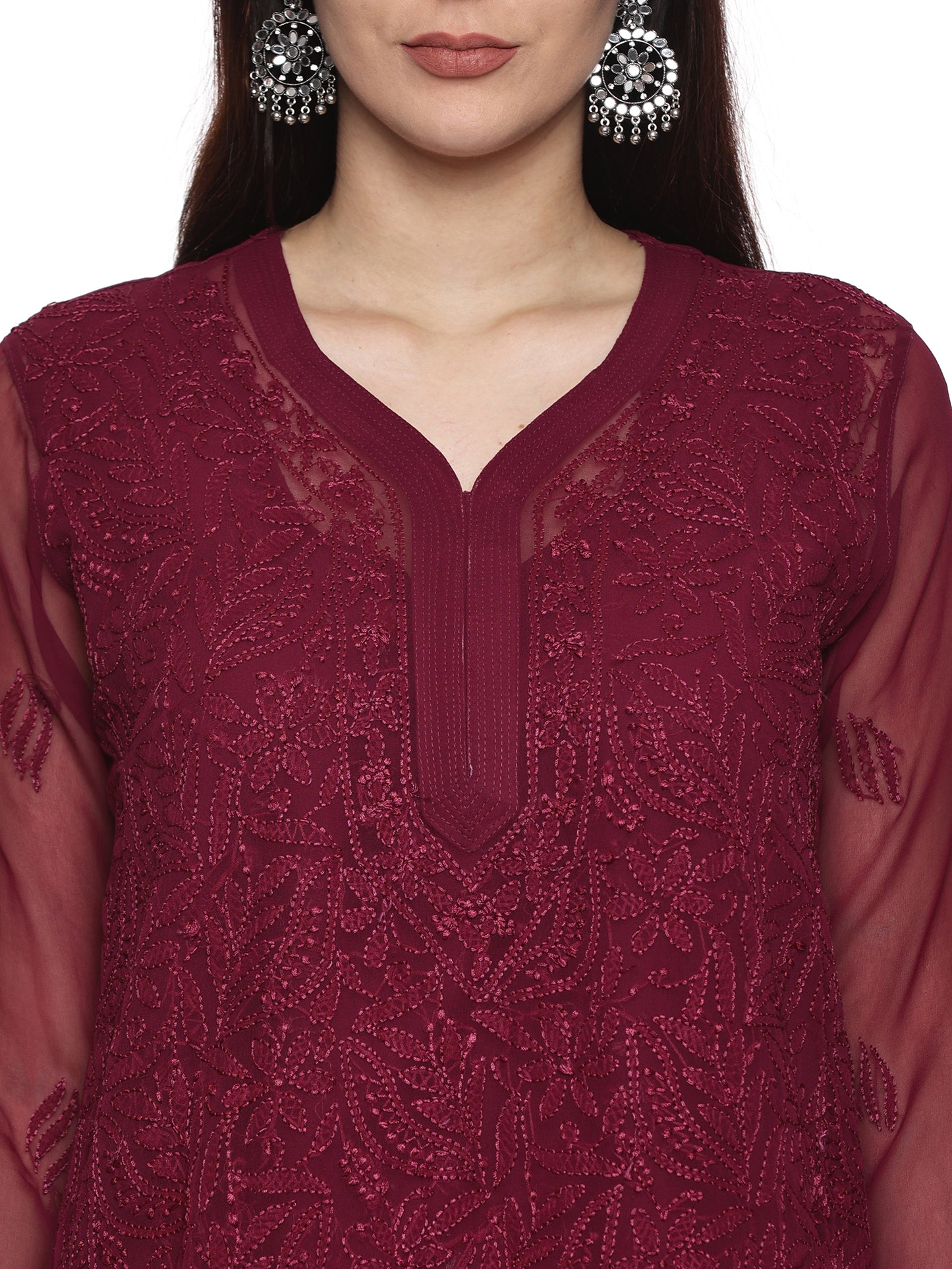 Georgette Chikankari Kurta in Wine with Resham Jaal Design with Inner