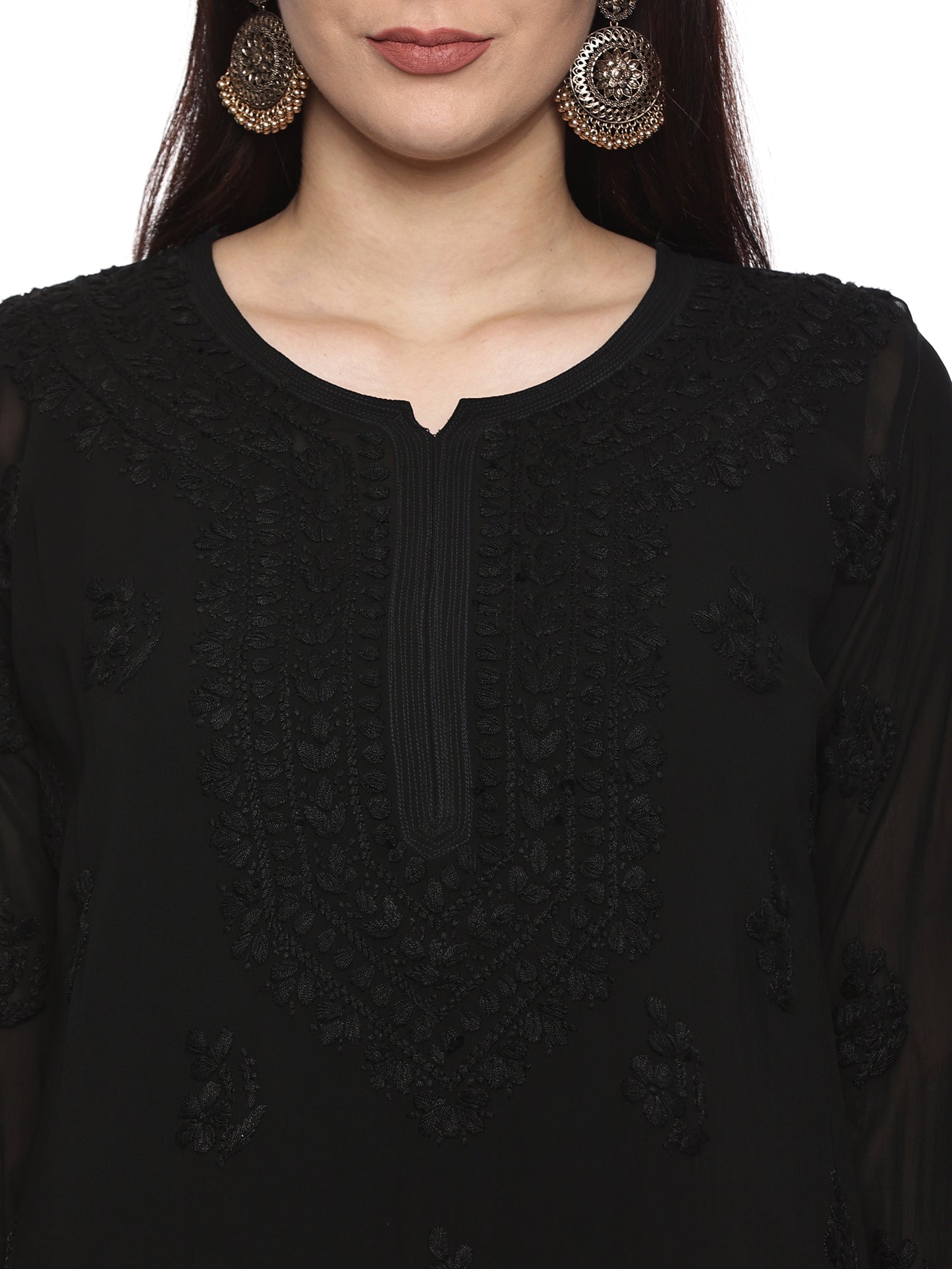 Viscose Chikankari Long Kurti in Black with Same Tone Embroidery (inner included)