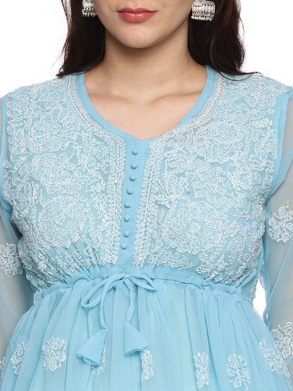 Georgette Chikankari Short Kurti in Sky Blue with White Embroidery