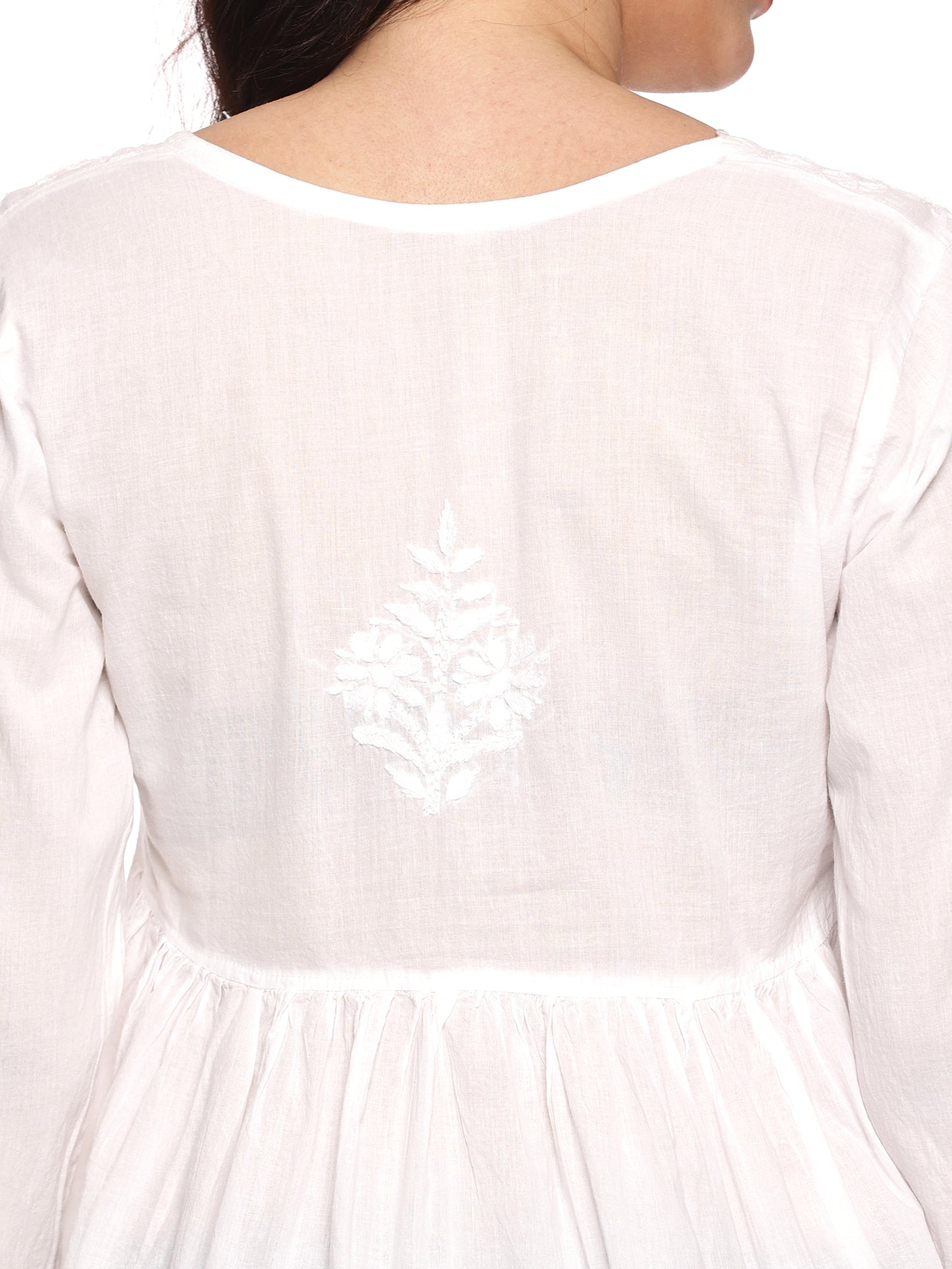 Cotton Chikankari Short Gown Style Kurta in White with Same Tone Embroidery