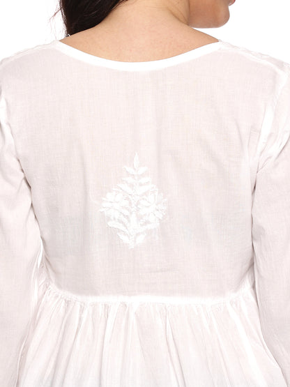 Cotton Chikankari Short Gown Style Kurta in White with Same Tone Embroidery