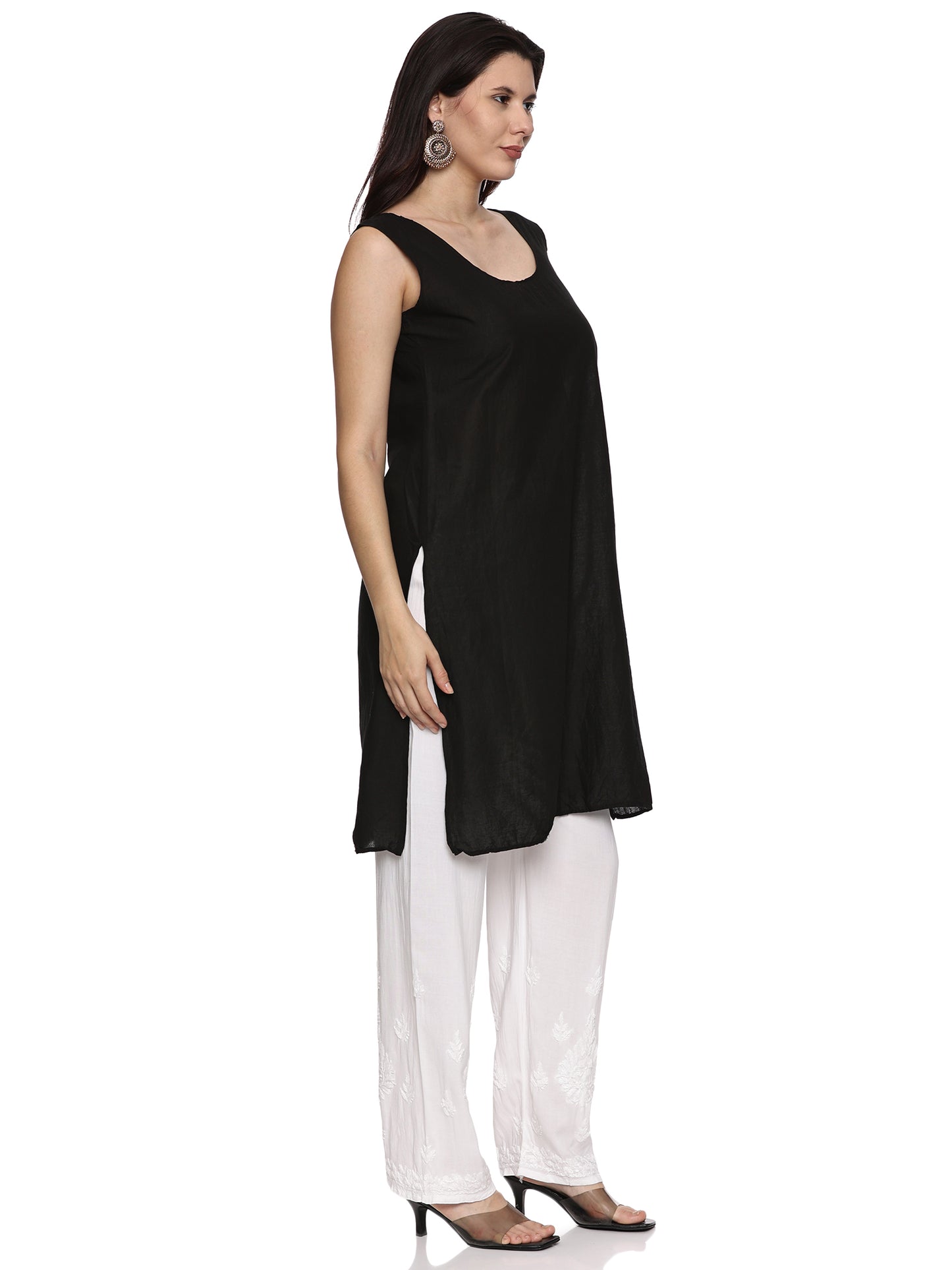 Viscose Chikankari Long Kurti in Black with Same Tone Embroidery (inner included)